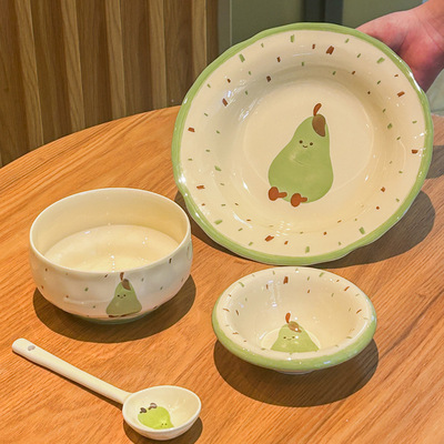 Cute Pear One Person Tableware Set 2025 Children's Bowl Plate Bowl Plate Combination High Beauty Ceramic Bowl Chopsticks