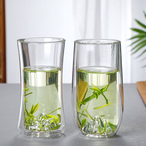 Double layer high borosilicate glass mountain viewing cup, household heat-resistant glass green tea brewing cup, large