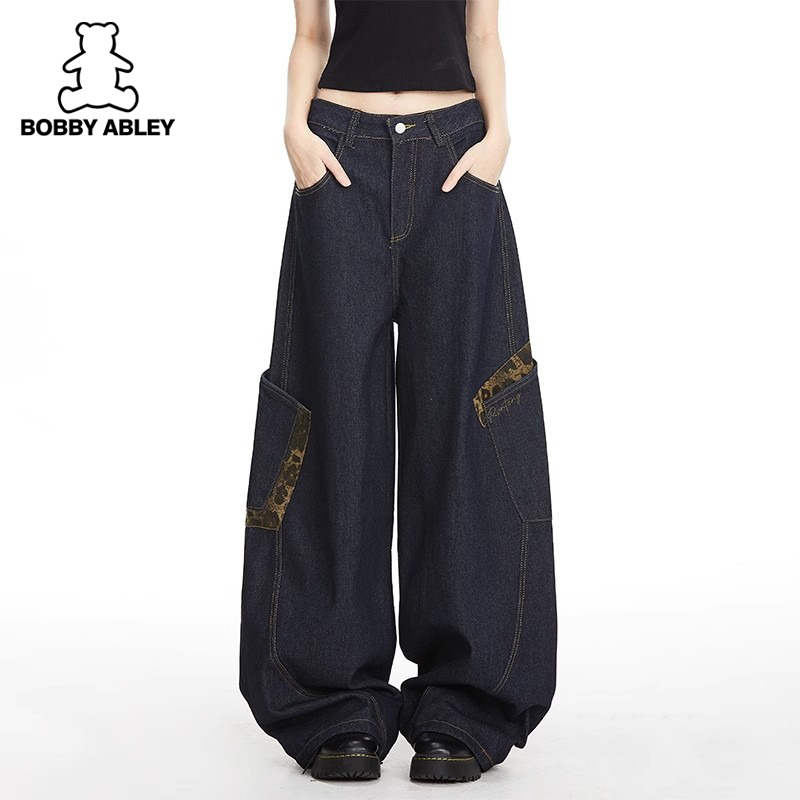 宽松豹纹拼接弯刀牛仔裤男女同款