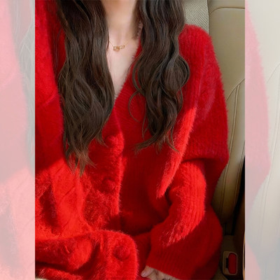 红色v领宽松软糯慵懒风针织开衫外套毛衣女冬季加厚圣诞穿搭上衣