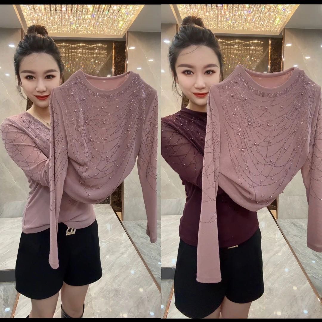 时尚圆领串珠针织打底衫网纱长T恤女秋装高级感洋气妈妈烫钻上衣