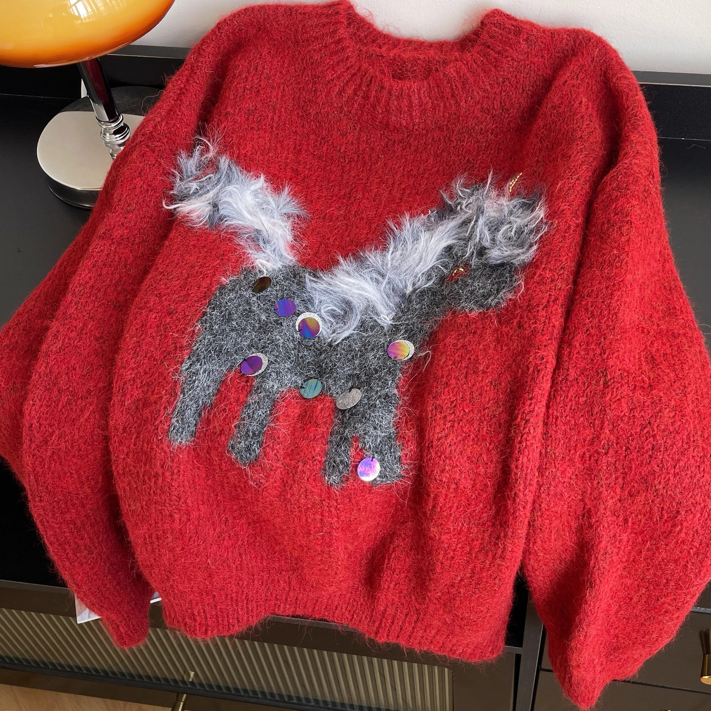 韩系可爱风小马刺绣亮片圆领毛衣女圣诞新年宽松百搭加厚针织上衣