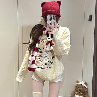 韩系刺绣白色麻花圆领套头毛衣女秋冬季宽松慵懒毛织针织衫上衣