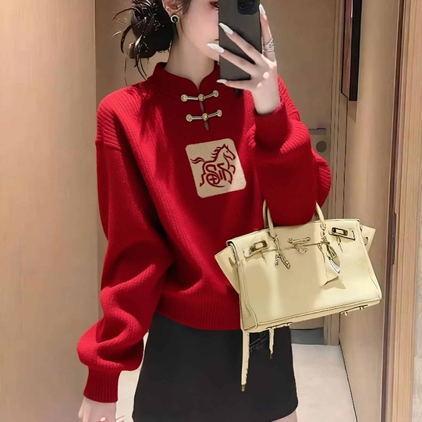 新中式国风盘扣白马红色圣诞毛衣女款2025新款冬季本命年马年衣服