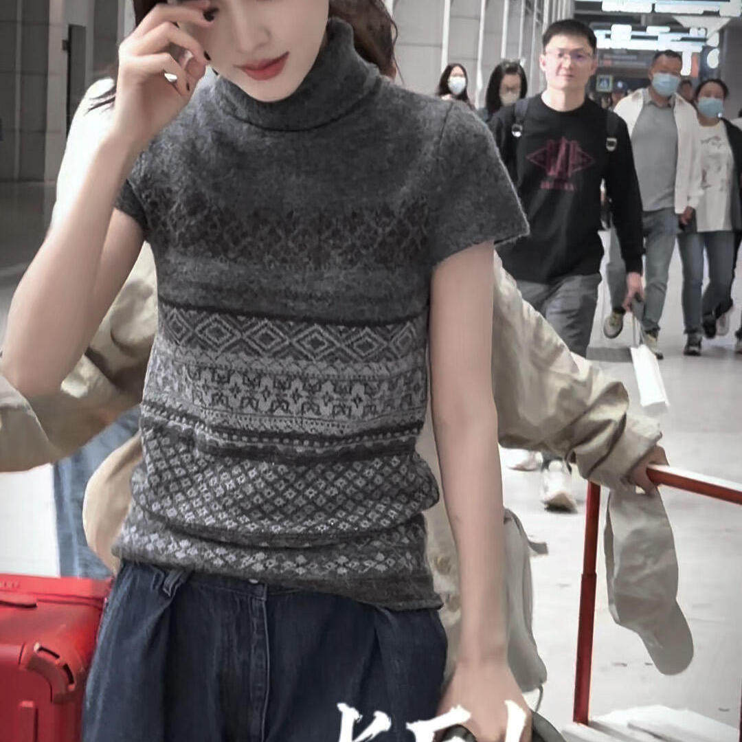 章若楠同款费尔岛复古半袖毛衣高领短袖针织上衣冬季女可外穿内搭