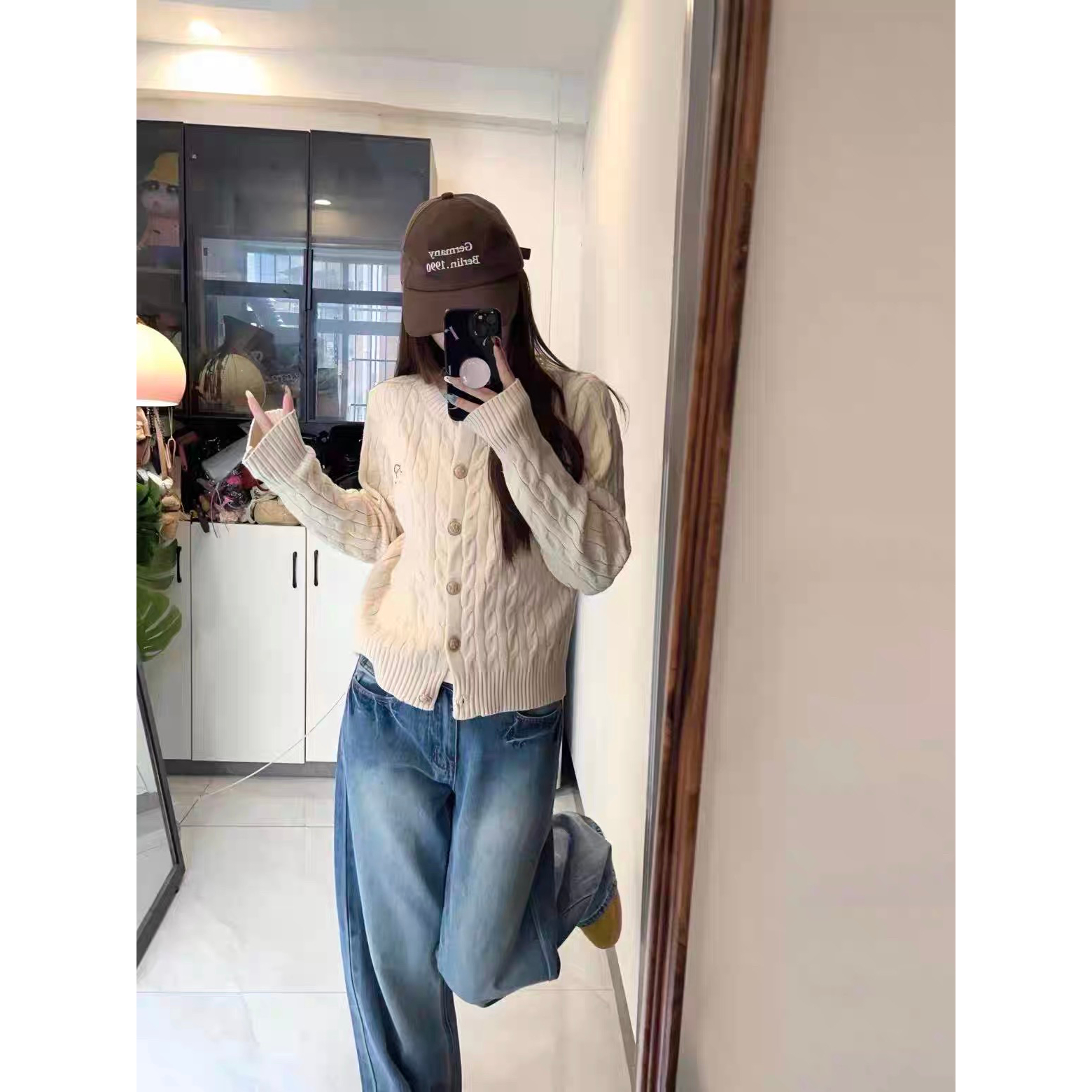 Cream kitten米杏色圆领针织毛衣开衫女春秋新款显瘦短款上衣女