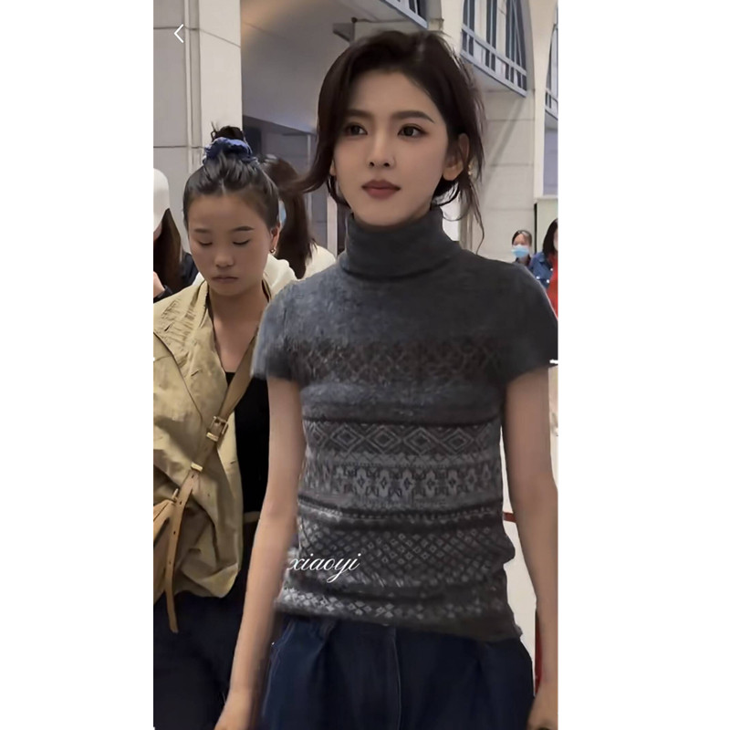 章若楠明星同款针织衫毛衣2026春季高领提花修身短袖内搭上衣女潮