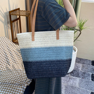 新款时尚手提现货三色拼接纸草编织包草编包沙滩包海边度假假日包