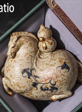 Spatio手绘青花火石釉里红马上有福招财茶宠摆件手工工艺品装饰礼