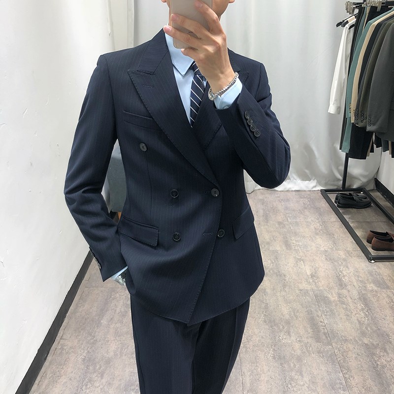西装男套装2025新款韩版修身条纹双排扣西服套装男休闲商务正装潮