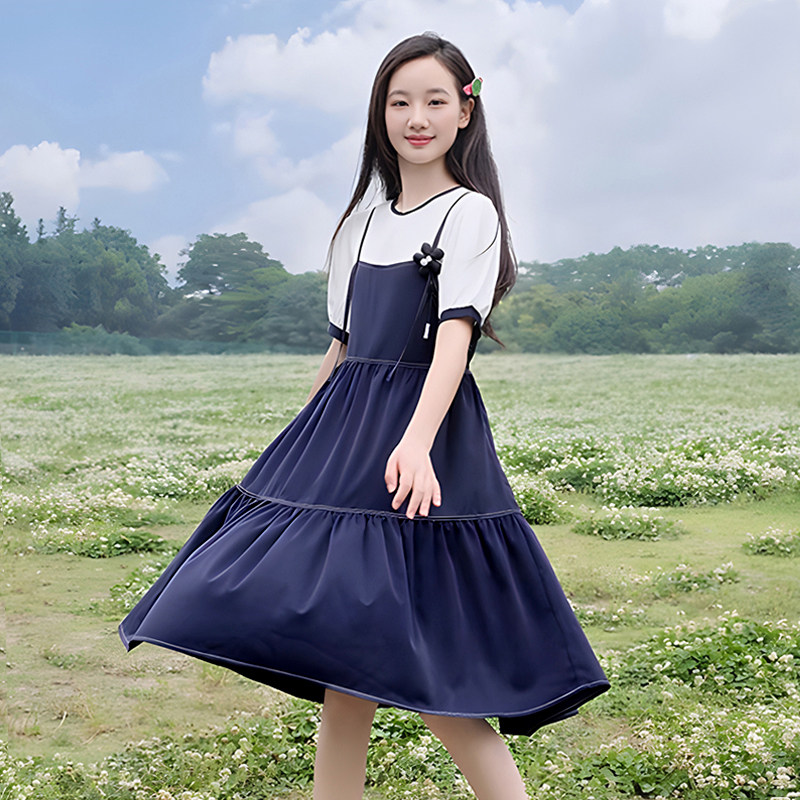 女童连衣裙夏季2024新款儿童假两件公主裙高级感女大童雪纺长裙子