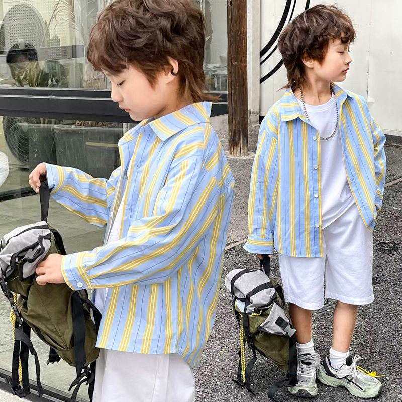 男童衬衫薄款夏季长袖条纹2023夏装宽松衬衣儿童纯棉上衣新款潮