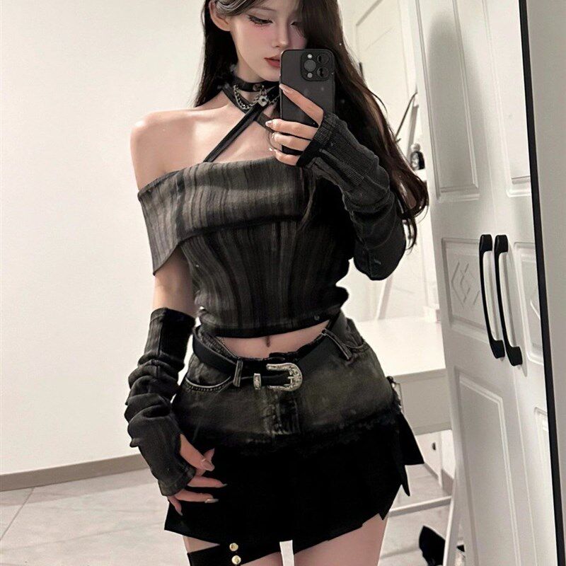 春夏款辣妹裙子套装设计感小众复古断袖一字肩上衣拼接牛仔短裙女
