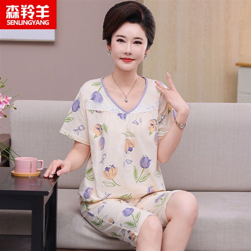 夏季妈妈纯棉短袖七分裤睡衣女薄款休闲夏天婆婆套装加大码家居服