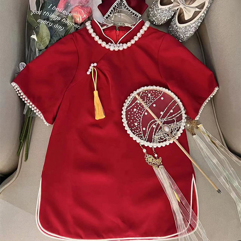 女童一周岁宴抓周服婴儿周岁礼服可爱女宝宝红色旗袍唐装周岁礼服