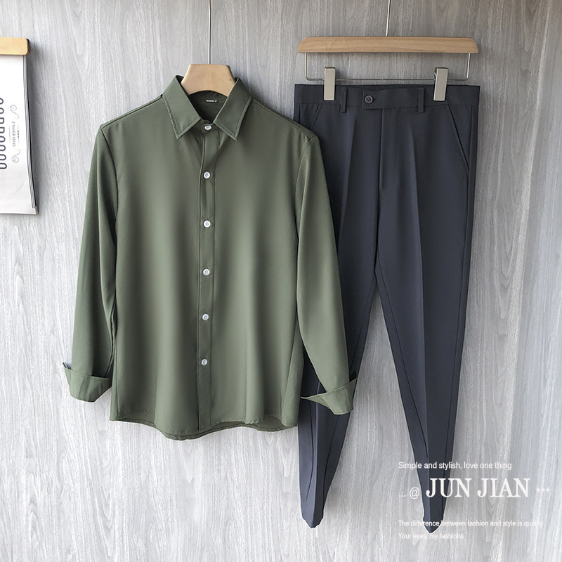 西装长袖白衬衫男内搭发型师上衣伴郎服黑衬衫男秋季职业西服套装