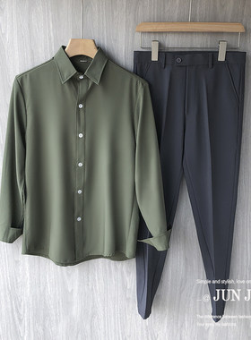 西装长袖白衬衫男内搭发型师上衣伴郎服黑衬衫男秋季职业西服套装