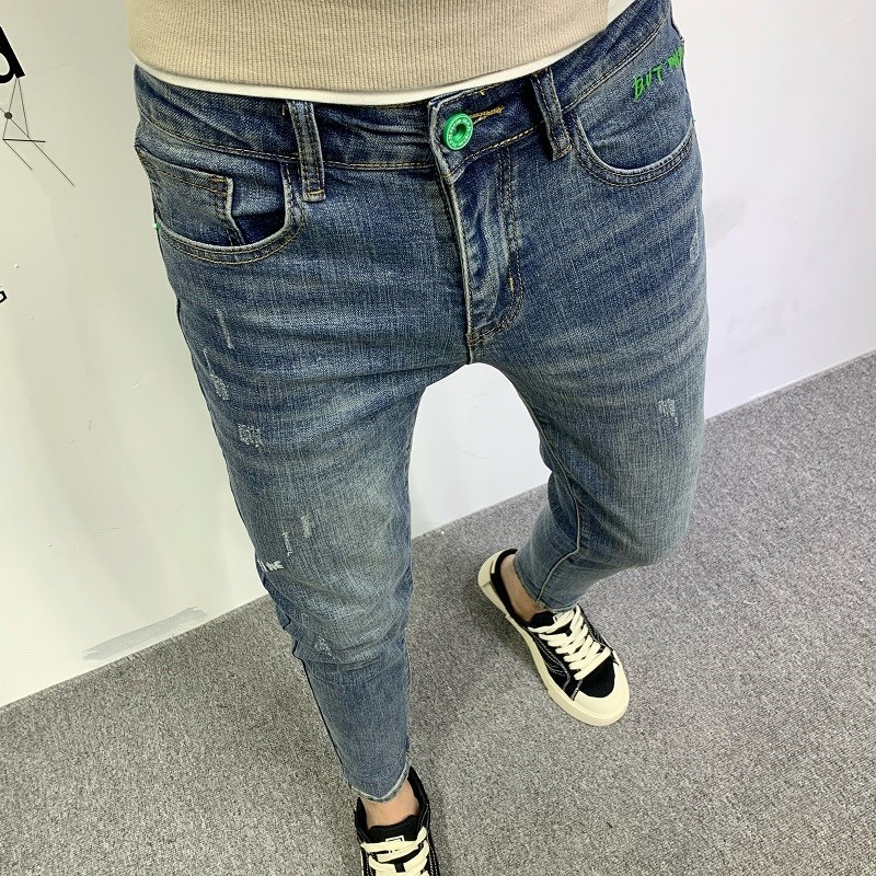 蓝色牛仔裤男春秋新款高端韩版潮流弹力修身小脚裤休闲男士九分裤
