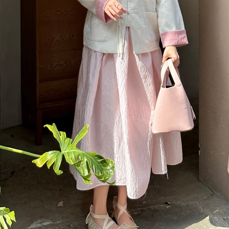北欧浪漫重工艺术浮雕花苞蓬蓬长裙2025春秋新款女粉色高腰半身裙