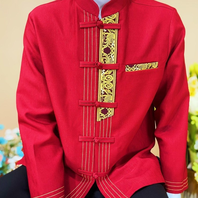 傣族春秋冬长袖明线花边款新郎服结婚服立领盘扣大红色男士衬衣