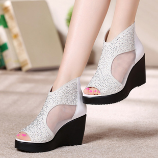 厚底新款真皮网纱凉鞋女夏坡跟鞋子高跟鱼嘴网状女鞋时装凉靴小码