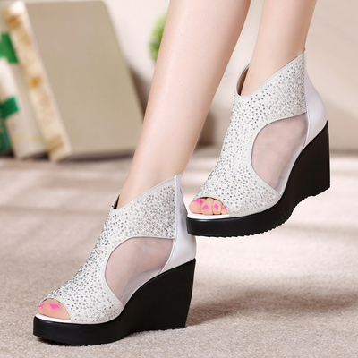 厚底新款真皮网纱凉鞋女夏坡跟鞋子高跟鱼嘴网状女鞋时装凉靴小码