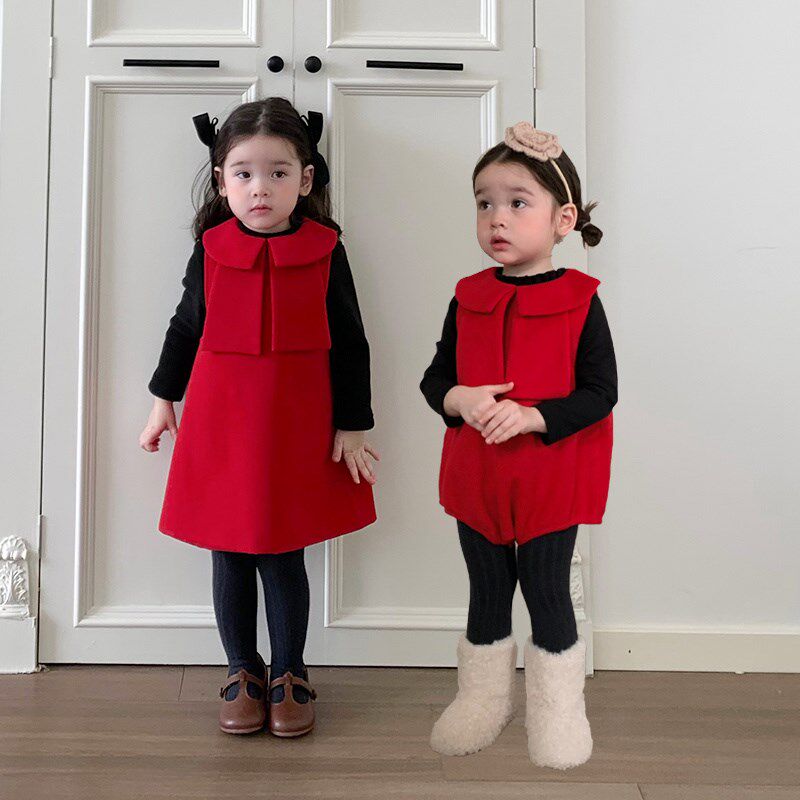 秋冬新款女童红色连衣裙毛呢背心裙洋气生日礼服宝宝爬服姐妹装