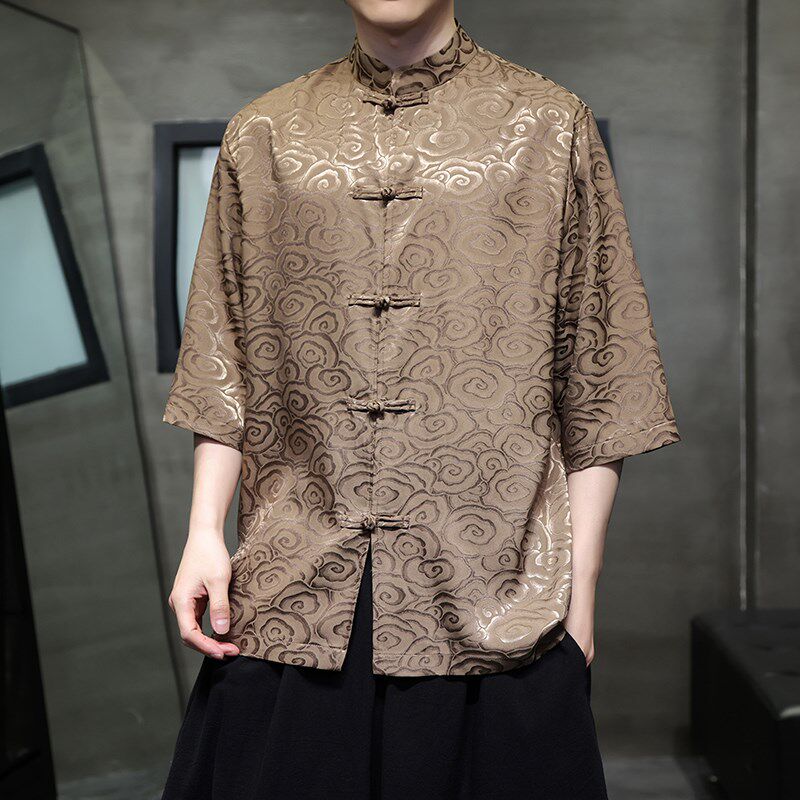 新中式冰丝短袖衬衫男垂感高级感提花盘扣上衣夏季中国风唐装半袖