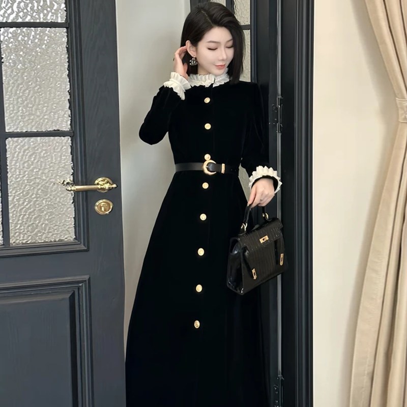 2025新款伞摆连衣裙黑色长裙优雅花边高腰显瘦法式春季裙子D0129