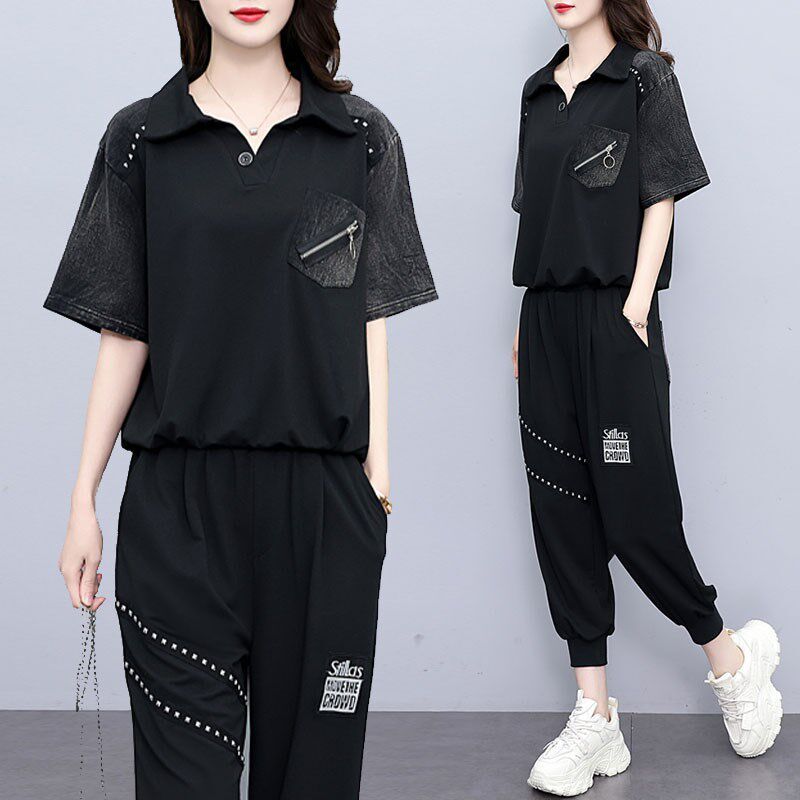 2025夏季高级感复古牛仔休闲时尚套装胖mm宽松短袖七分裤大码女装