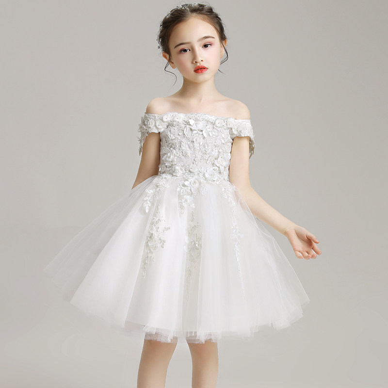 女童一字肩公主裙蓬蓬纱儿童晚礼服婚纱结婚礼裙小花童裙子白色冬