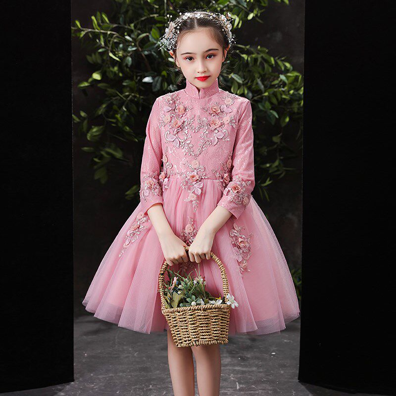 粉色儿童礼服公主裙花童短款婚纱女童生日洋气纱裙钢琴演出服秋冬