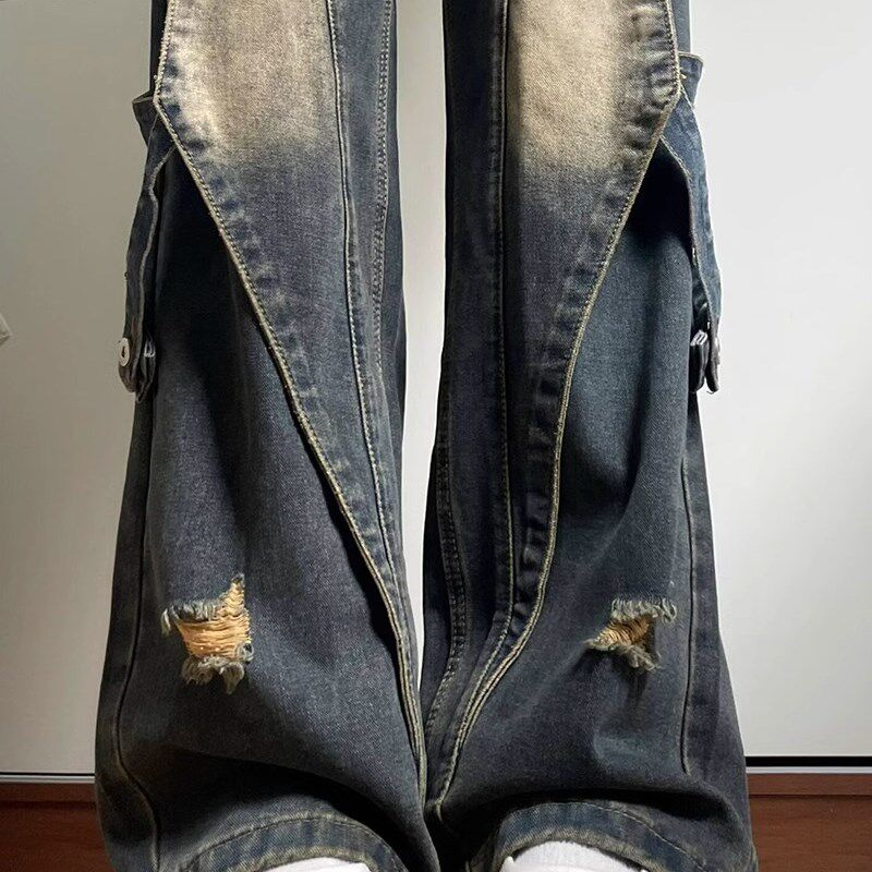 美式高街复古重工做旧牛仔裤男春季新款解构拼接宽松直筒阔腿长裤