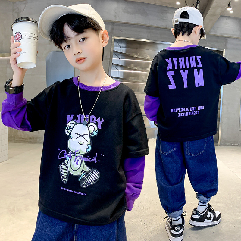 男童假两件长袖T恤春秋款2023新款大儿童春装炸街卫衣洋气潮薄款