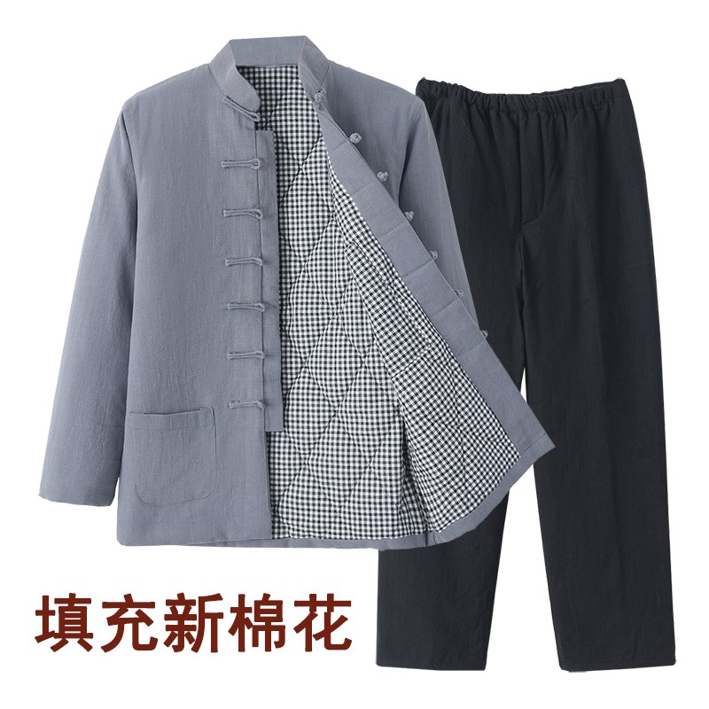 冬季唐装男棉花棉袄棉裤套装复古中式亚棉麻棉衣中国风保暖禅茶服