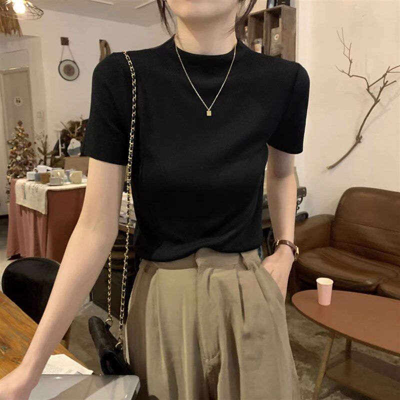 黑色短袖女修身薄款半高领T恤洋气2025新款针织简约百搭打底小衫