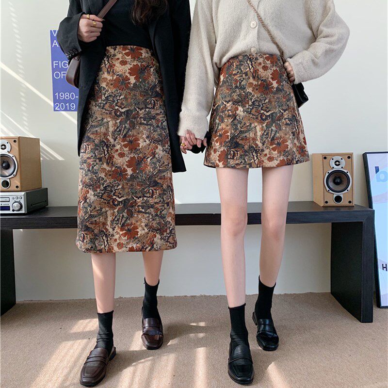 秋冬新款复古油画印花中长款半身裙大码显瘦a字裙学生百搭包臀裙