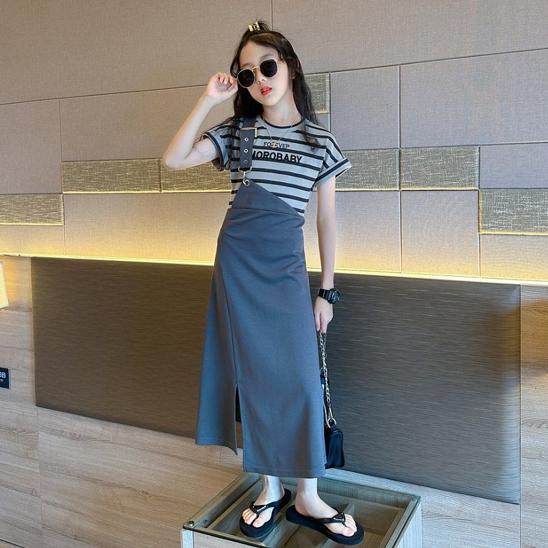 女童连衣裙夏季2023新款洋气时髦儿童短袖长裙女大童夏装背带裙子