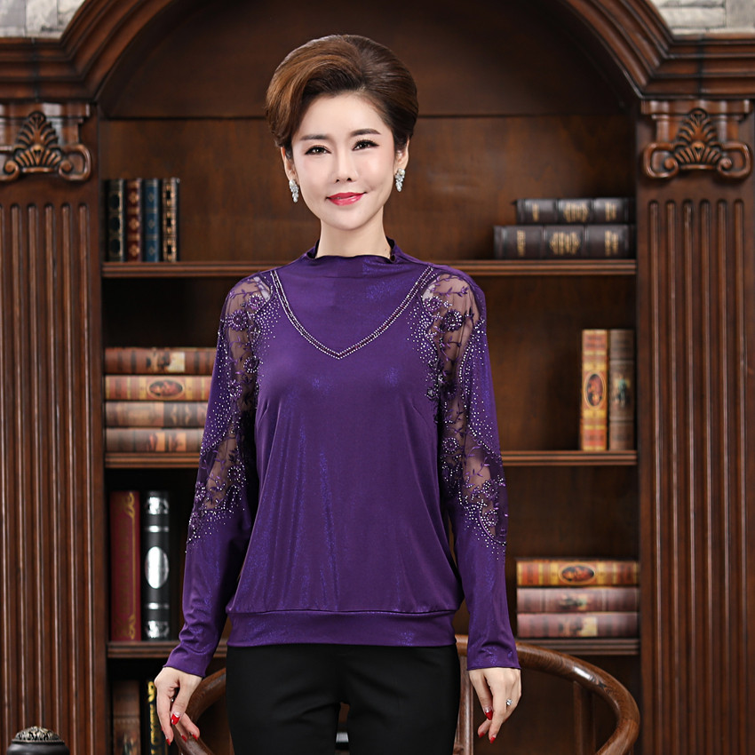 2020秋冬小衫中老年女装长袖T恤高档妈妈装蕾丝衫打底衫40-50上衣