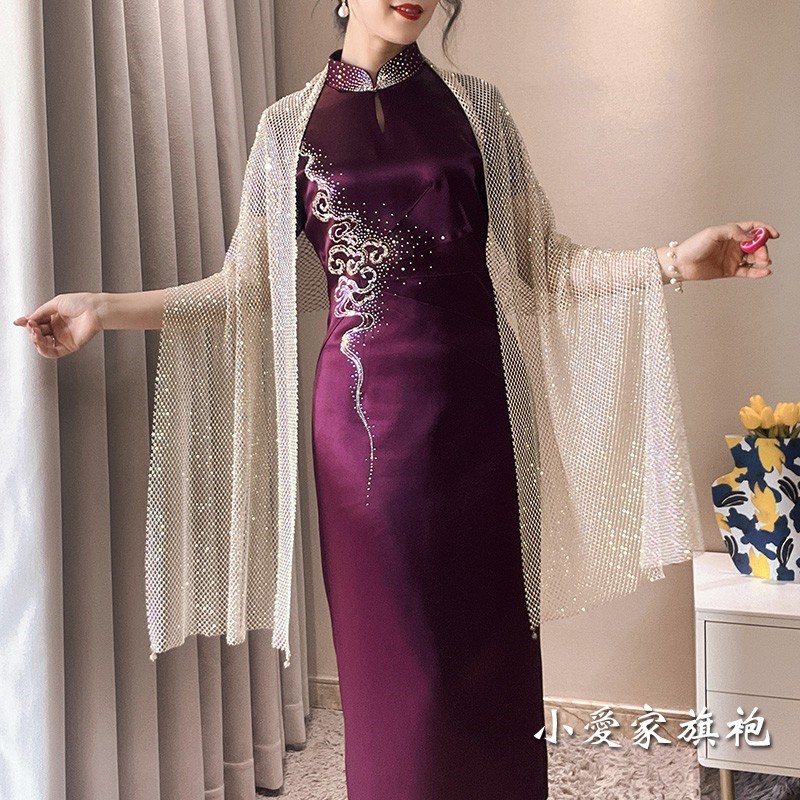 结婚妈妈披肩婚礼旗袍礼服婆婆婚宴喜服外塔高端金色镂空网织长款