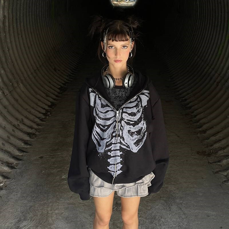 街头复古感骨架长袖女生秋季潮圆领开衫印花宽松卫衣