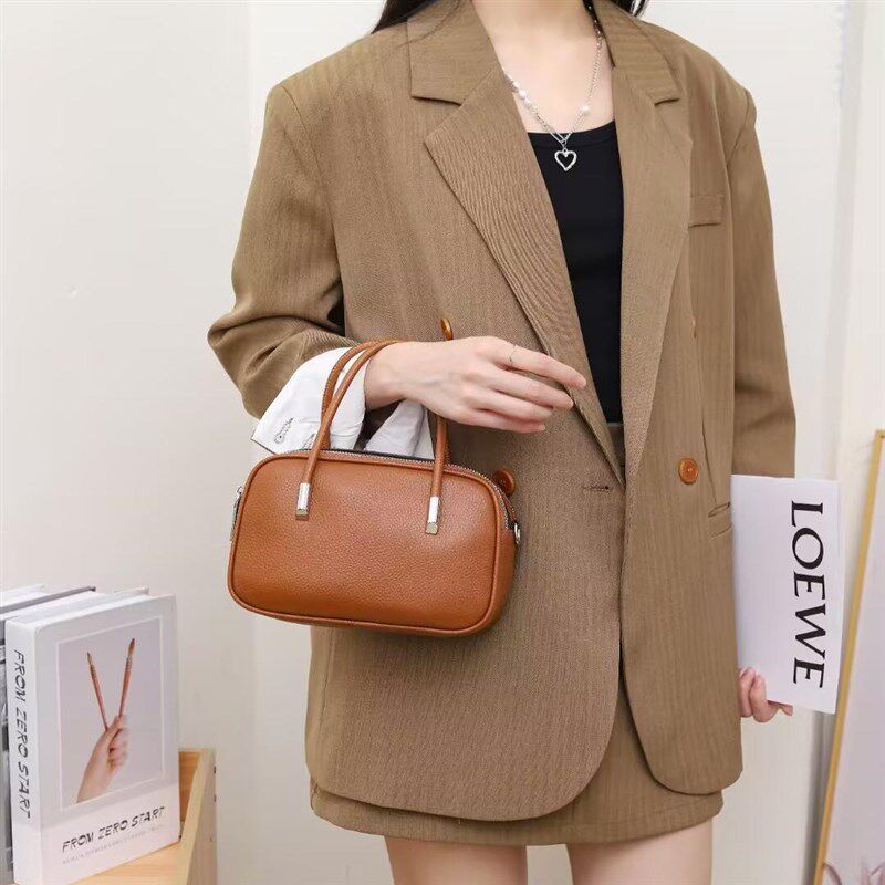 百搭真皮手提包包女2025新款休闲荔枝纹头层牛皮女包双层斜挎小包
