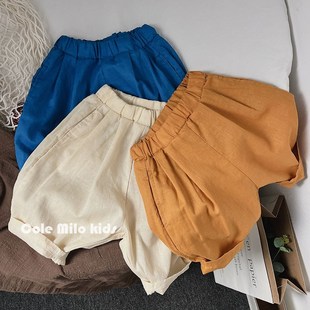 森系~棉麻七分裤韩国儿童纯色亚麻中裤宝宝萝卜裤男童女童夏裤子