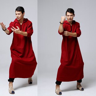 春秋 民族风男装 中国风茶禅服长袍男汉服休闲棉麻文艺长款 戴帽长衫