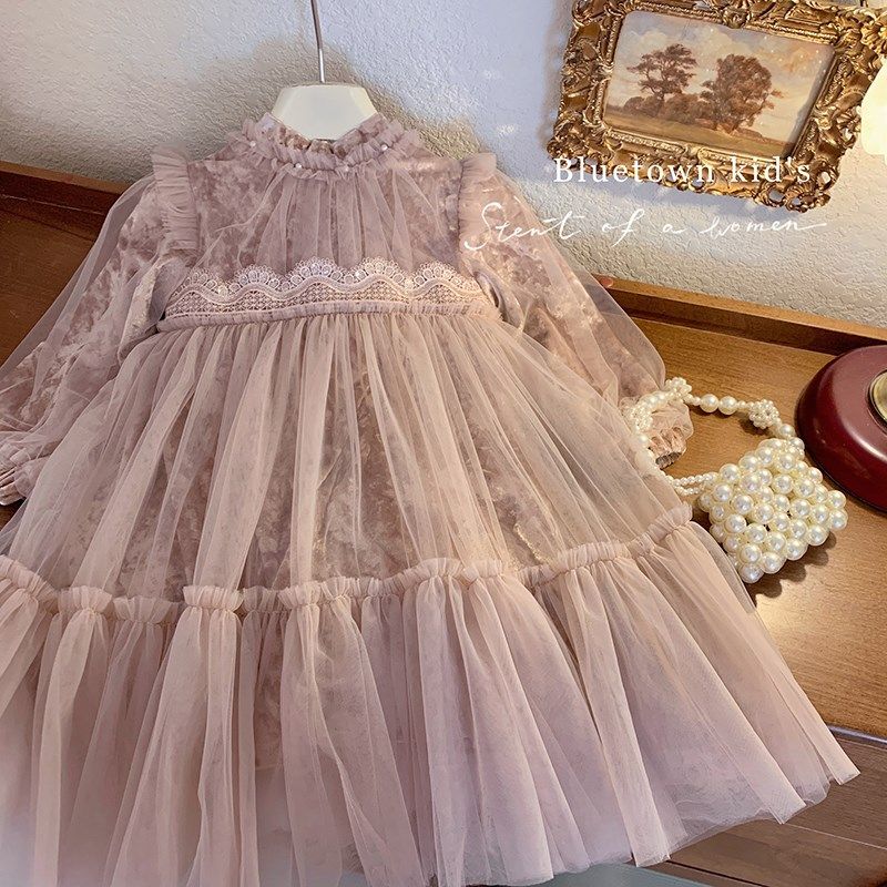女童连衣裙加绒加厚2023秋冬装新款儿童生日礼服公主裙女宝宝裙子