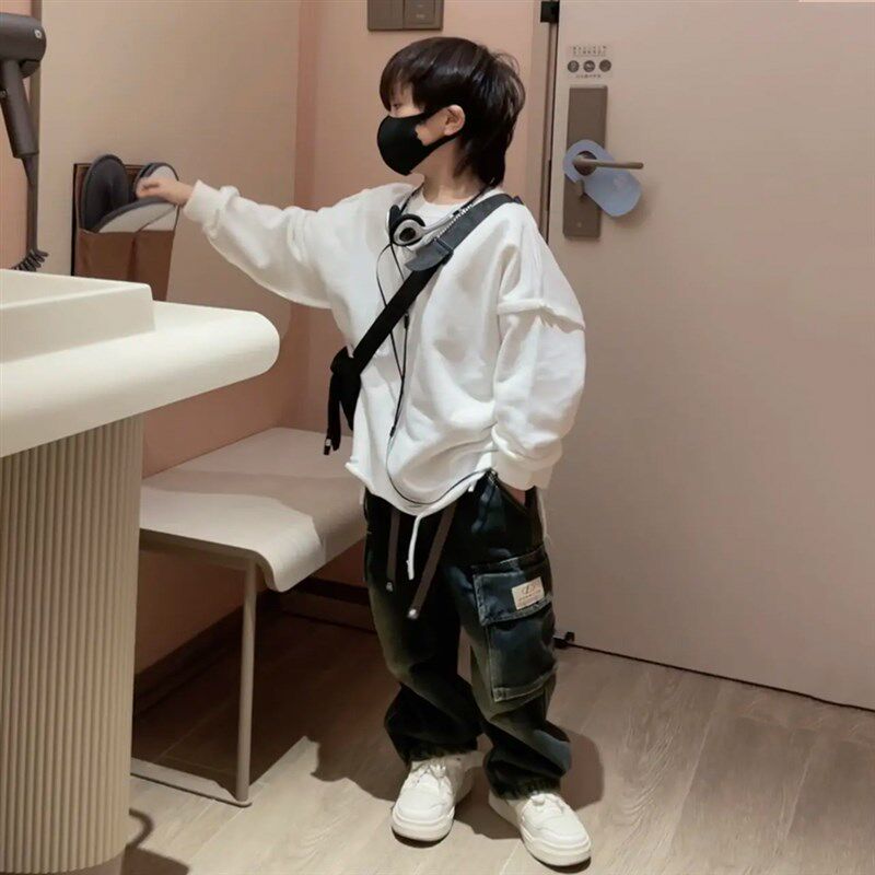 秋冬装男女童破洞手抓绒白色长袖T恤加厚街舞宽松纯色上衣打底衫