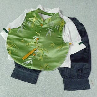 宝宝周岁礼服男夏季薄款真丝男童抓周衣服中式一岁冠衣绿色唐装
