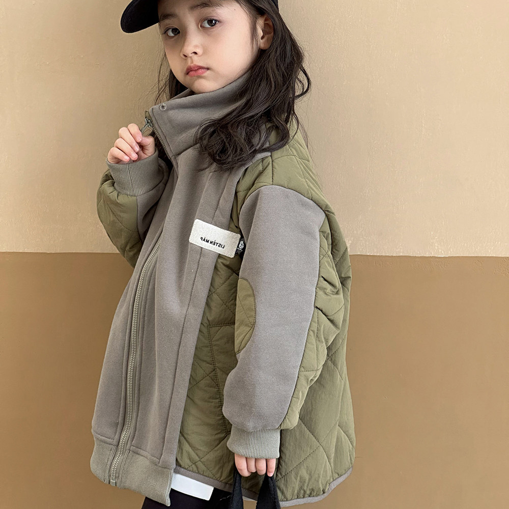 女童棉服冬装外套2024新款韩版儿童冬季棉衣大童加绒拼接洋气卫衣
