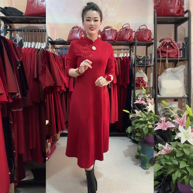 高端春秋妈妈婚宴礼服2024新款中年喜婆婆结婚长款旗袍大码连衣裙