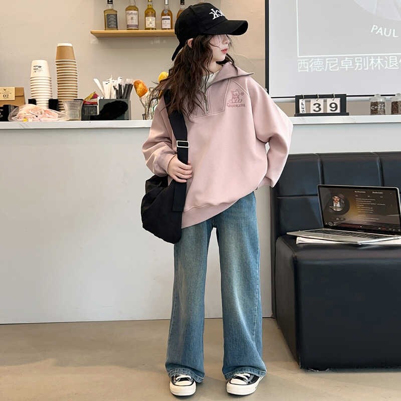 女童秋装套装2024新款洋气儿童翻领卫衣女孩大童春秋牛仔裤两件套